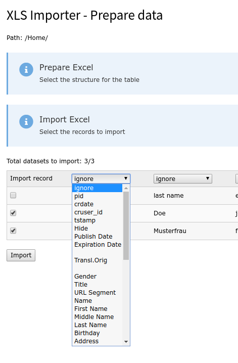 View for imported data with opened select