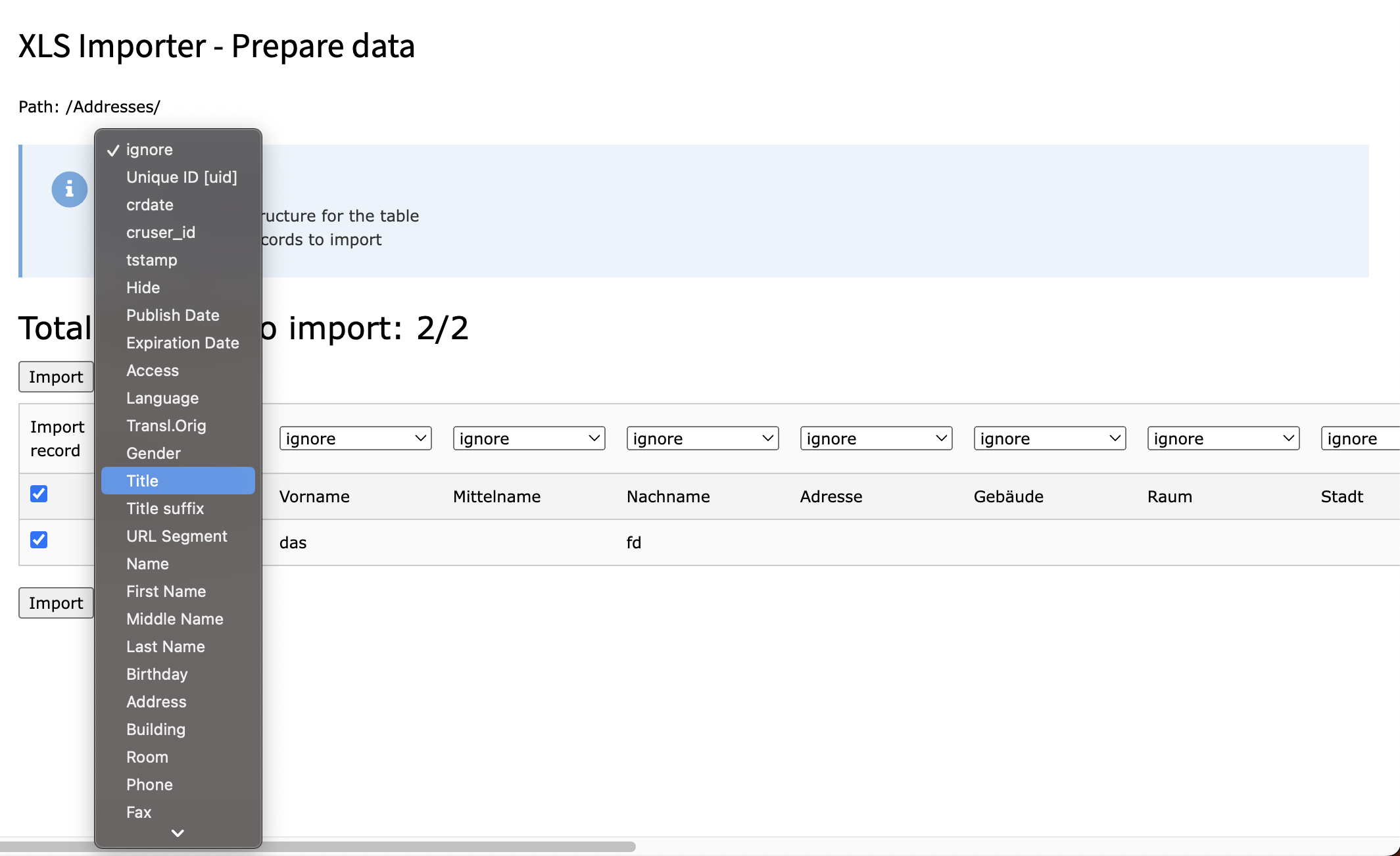 View for imported data with opened select