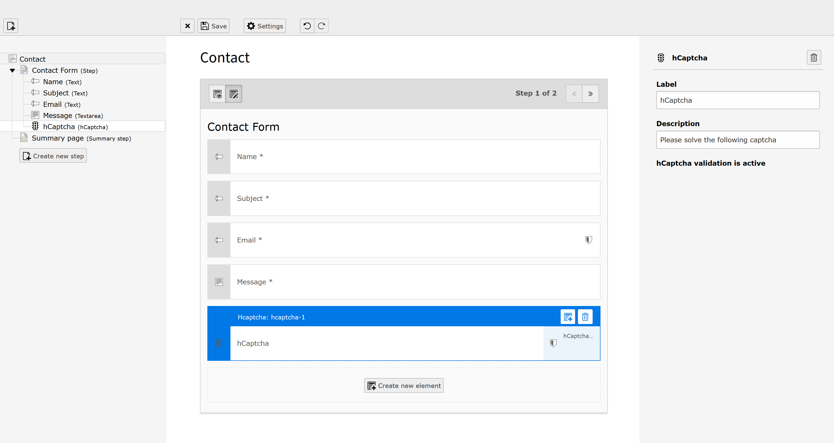 hCaptcha in form editor