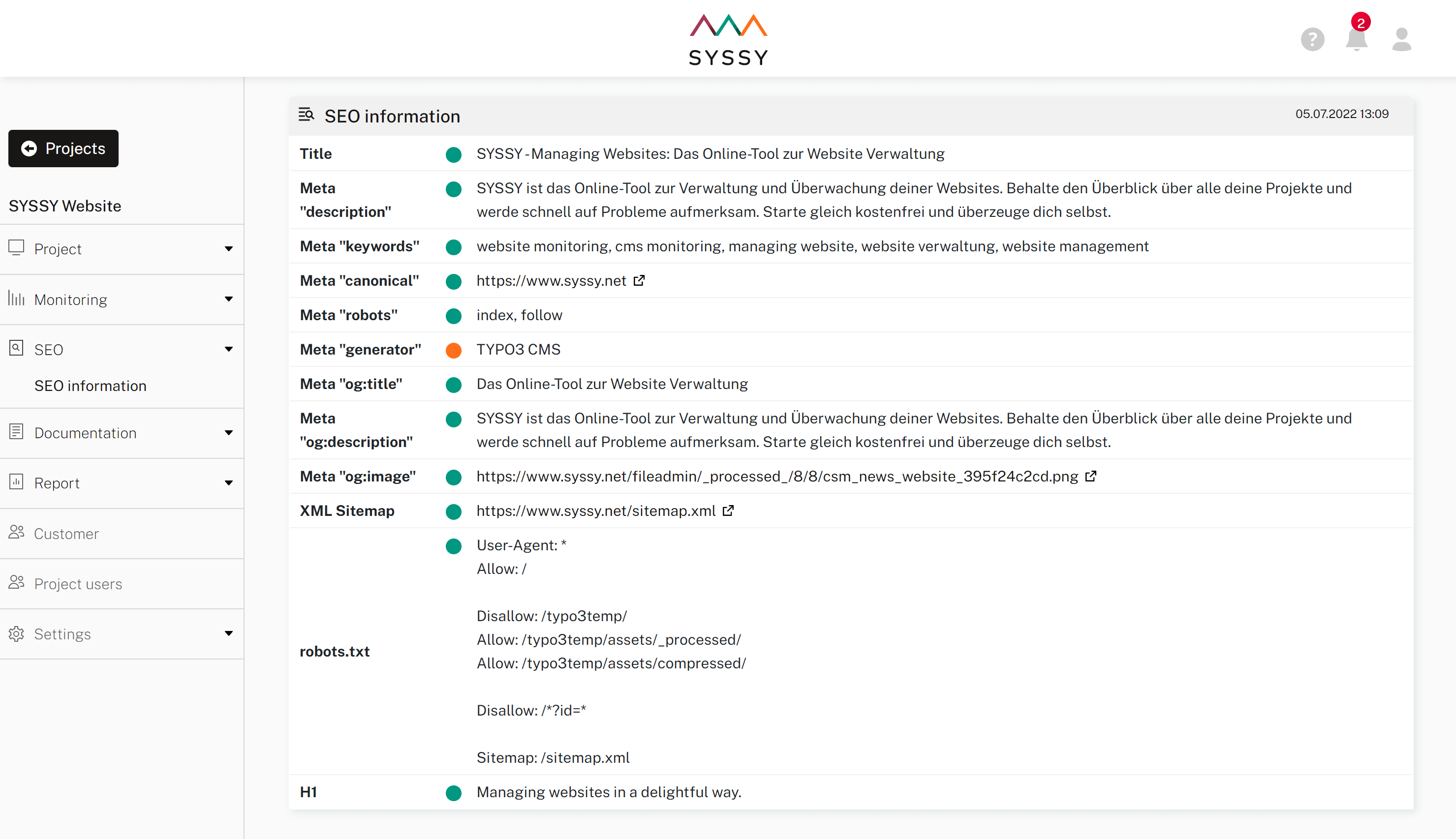 Screenshot of project SEO information