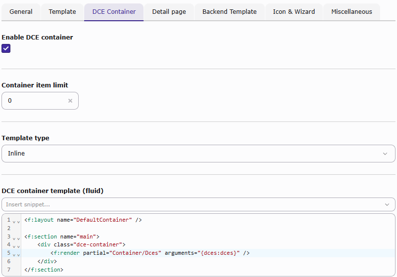 Settings and template for DCE container