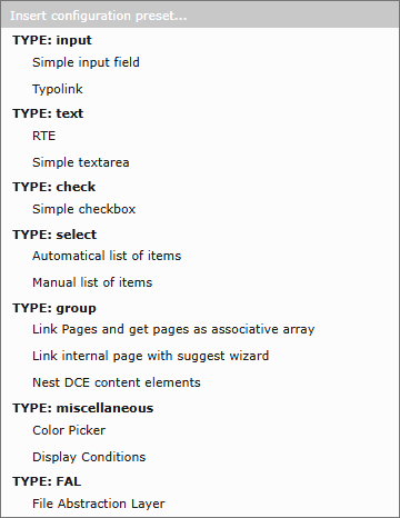 Helpful dropdown, with templates of the most common TCA configurations.