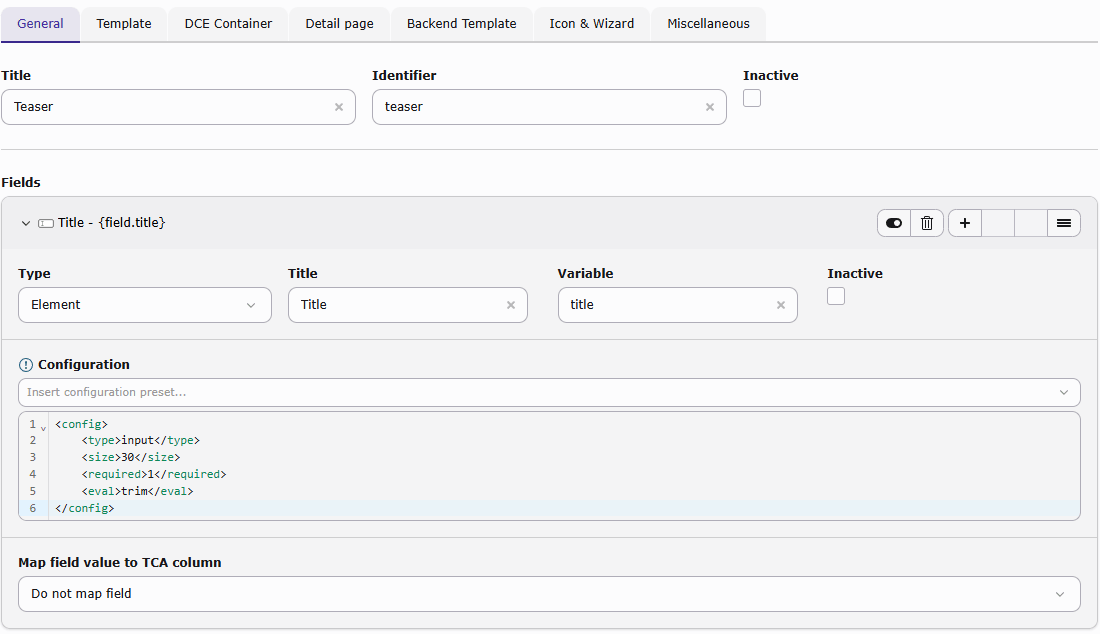 New DCE with a single input field named "Title"