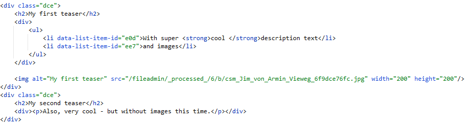 HTML source code of two content elements in frontend output (based on DCE)