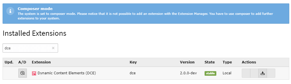 DCE in extension manager of TYPO3 CMS