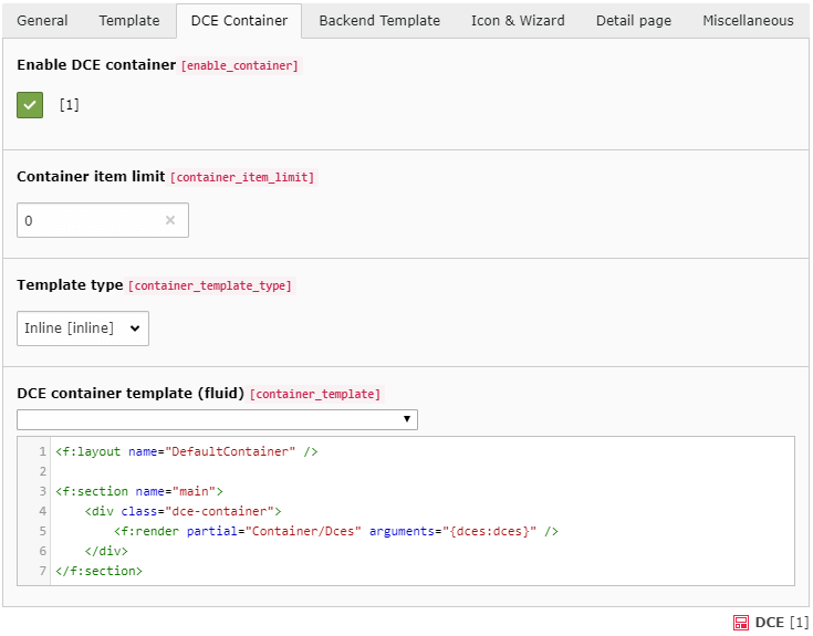 Settings and template for DCE container