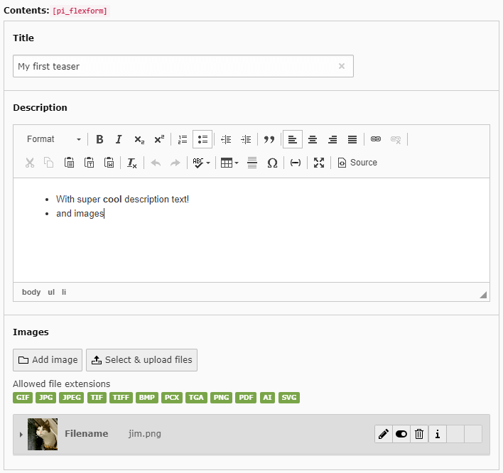 Content element with filled fields (backend)