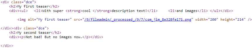 HTML source code of two content elements in frontend output (based on DCE)