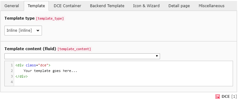 The inline template editor, with the DCE default frontend template