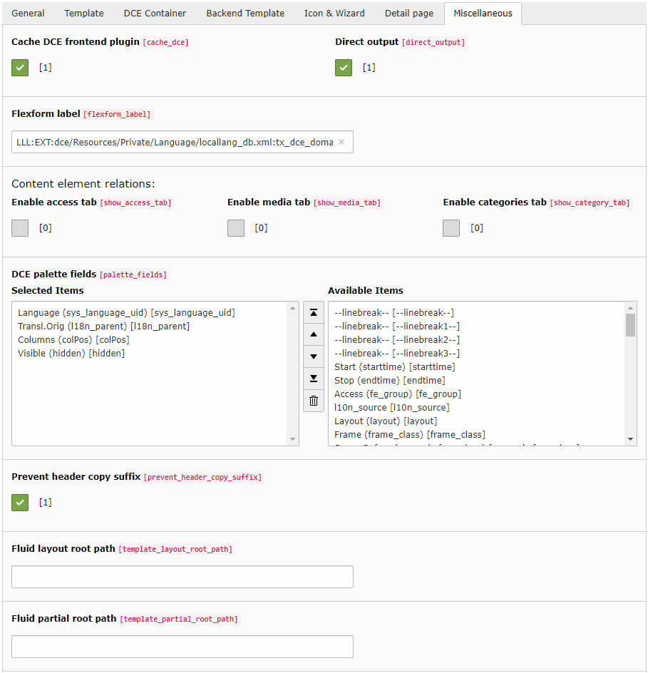 Miscellaneous settings