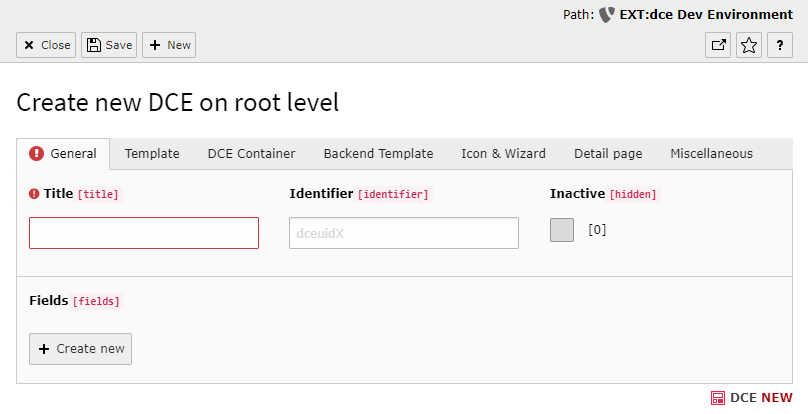 Create new DCE, general tab