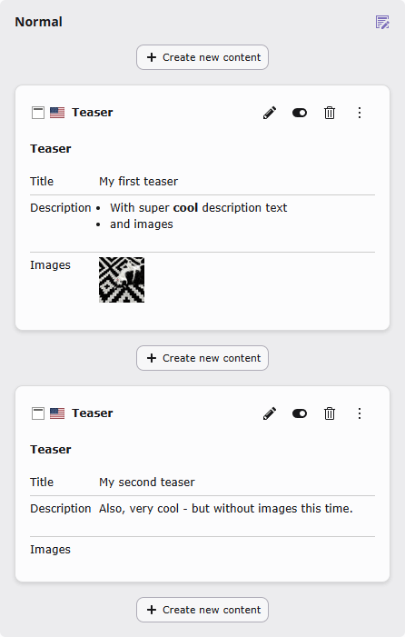 Output of content element in page module, with configured fields (Simple Backend View)