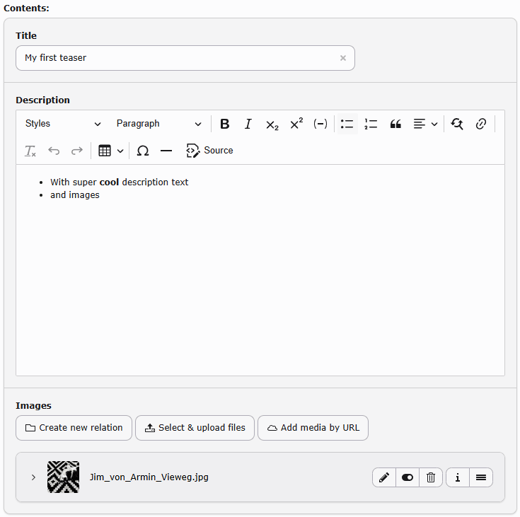 Content element with filled fields (backend)