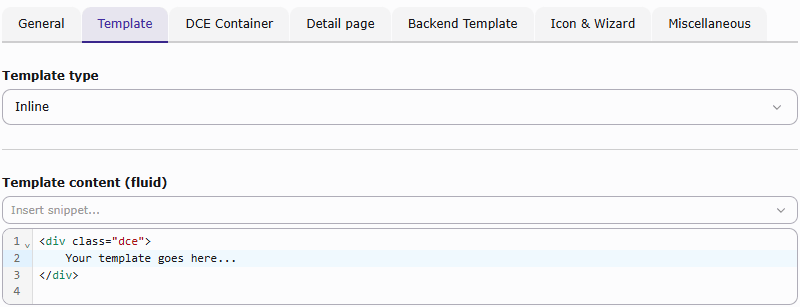 The inline template editor, with the DCE default frontend template