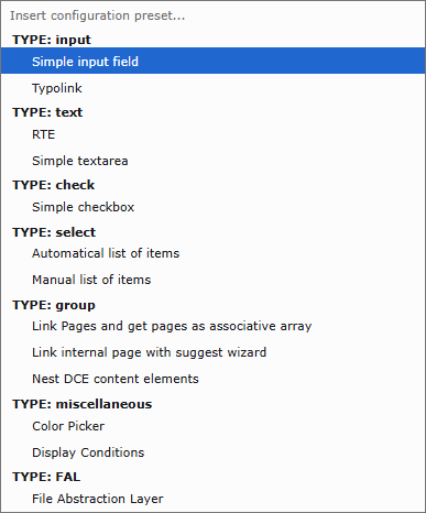 Handy dropdown which most common needed TCA configurations