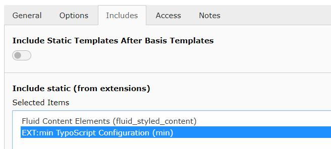 Setup of EXT:min in TypoScript template's static includes