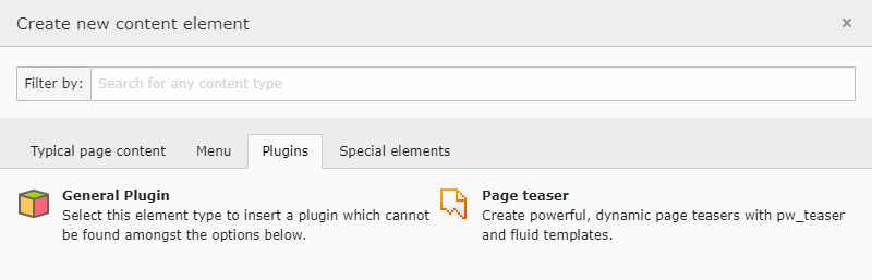 pw_teaser in new content element wizard in TYPO3 backend