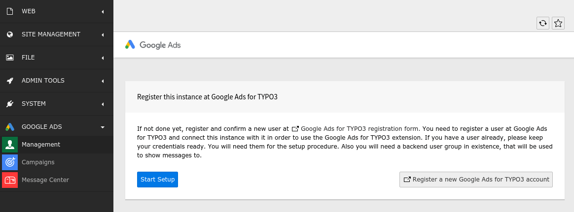 Register to **Google Ads for TYPO3**.
