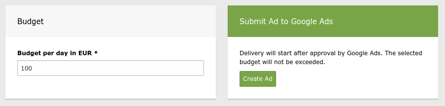 Create new ad form - setting a budget and submitting our ad.