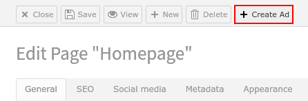 In the page edit view you find the button *Create ad*.
