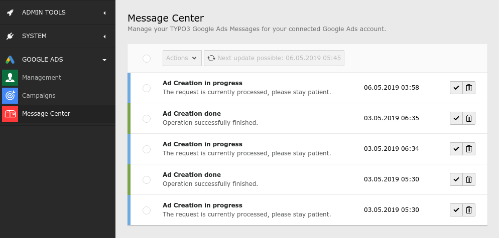 Message Center - overview of all messages.