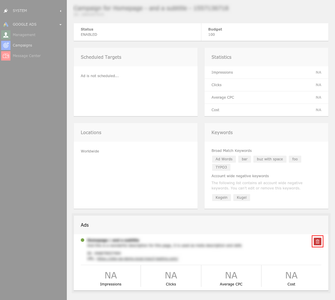 Campaigns module - deleting an ad.