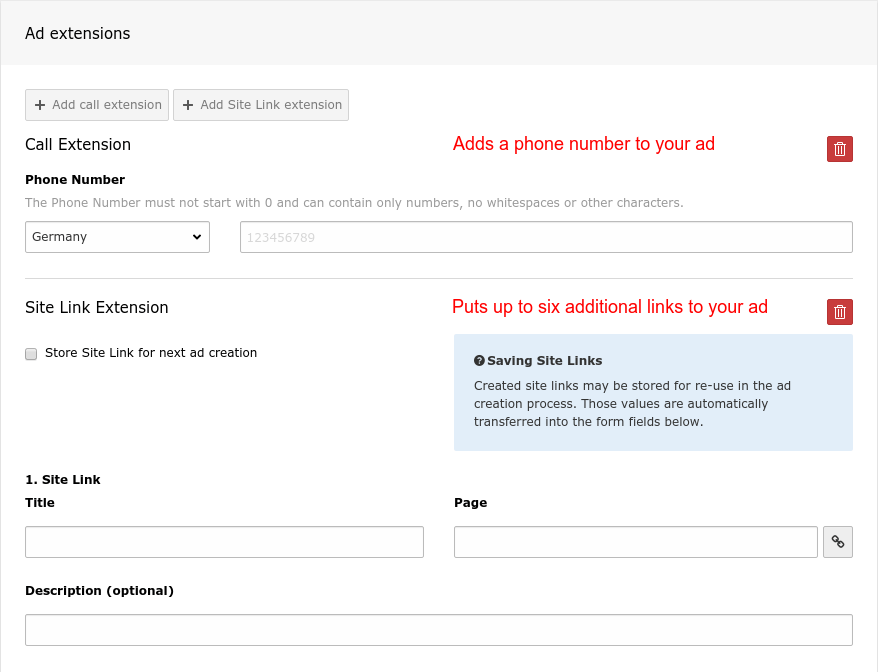 Create new ad form - enriching an ad with additional information.