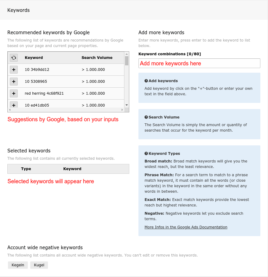 Create new ad form - keyword suggestion wizard and input fields for keywords.