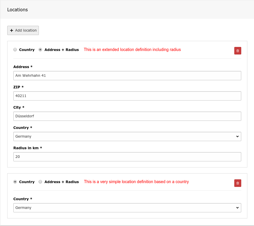 Create new ad form - location targeting for countries and/or radii around locations.
