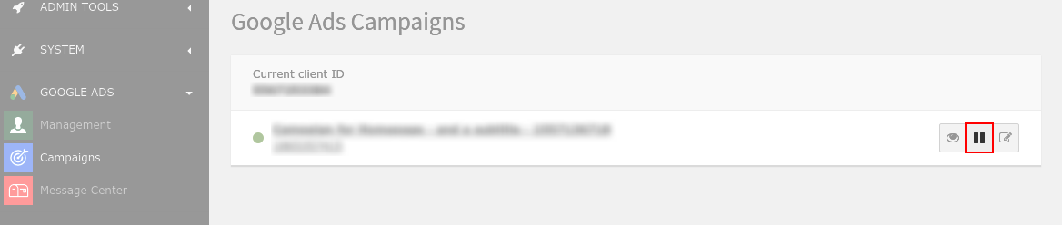 Campaigns module - pausing an ad.