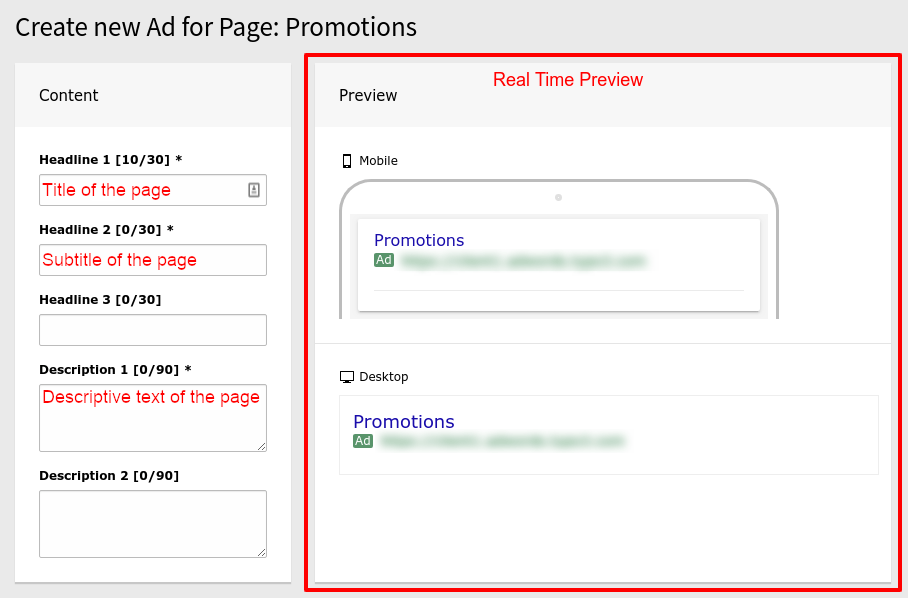 Create new ad form - headlines and descriptions, and a preview for mobile and desktop devices.