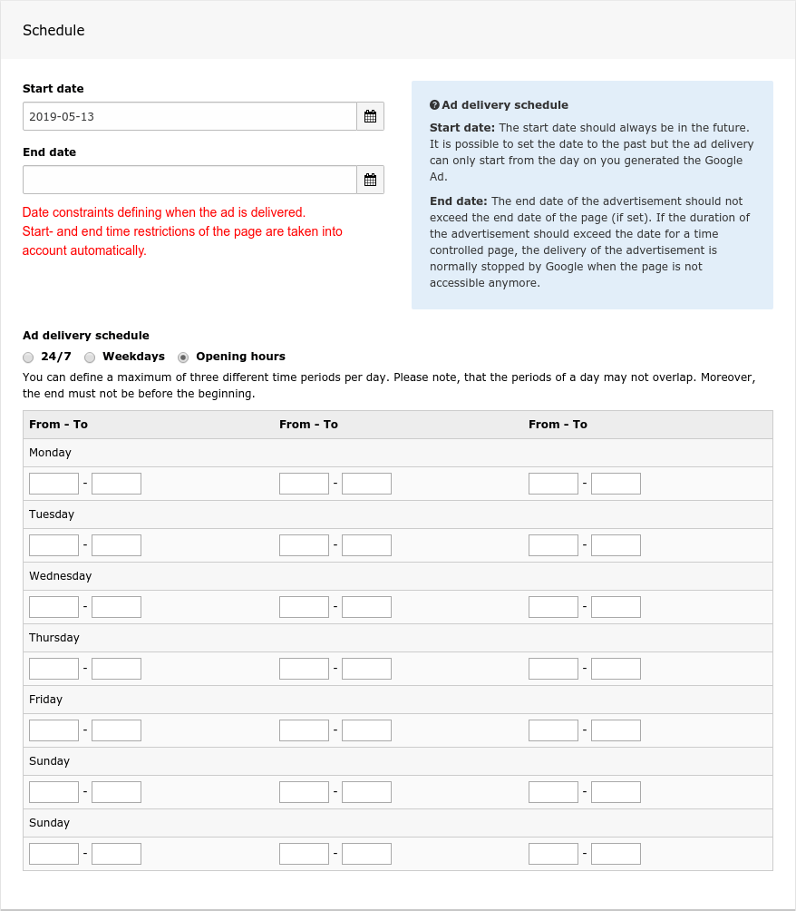 Create new ad form - scheduling your ad for your target customers.