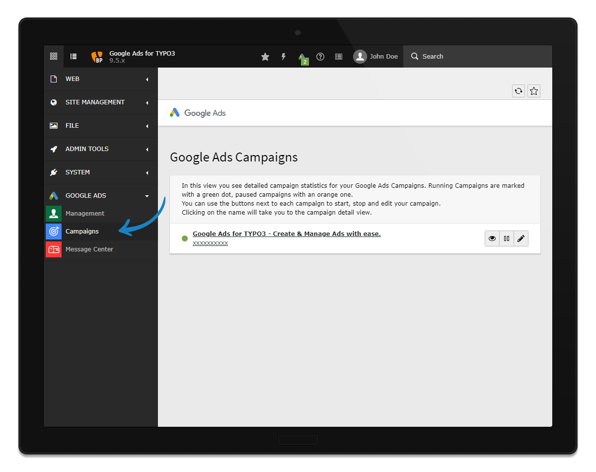 List of Campaigns created from within the TYPO3 backend.