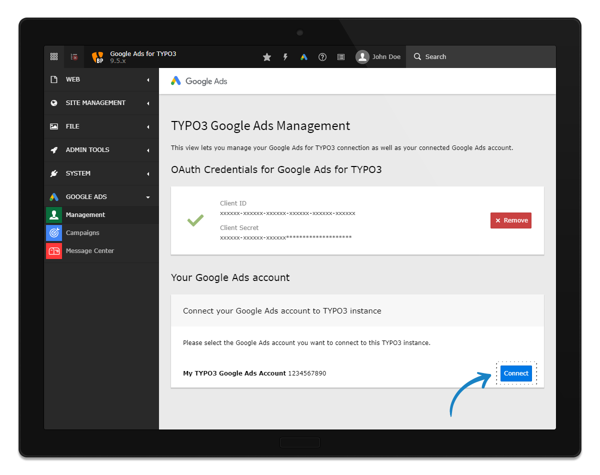Connection to **Google Ads for TYPO3** has been established.