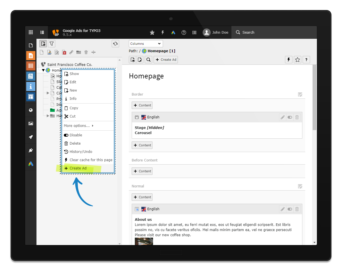 In the context menu you find the entry *Create ad*.