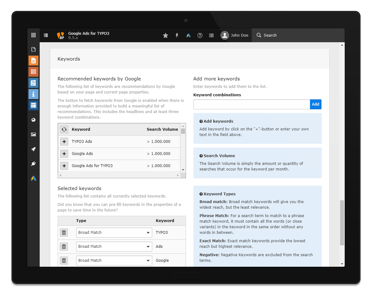 Create new ad form - keyword suggestion wizard and input fields for keywords.