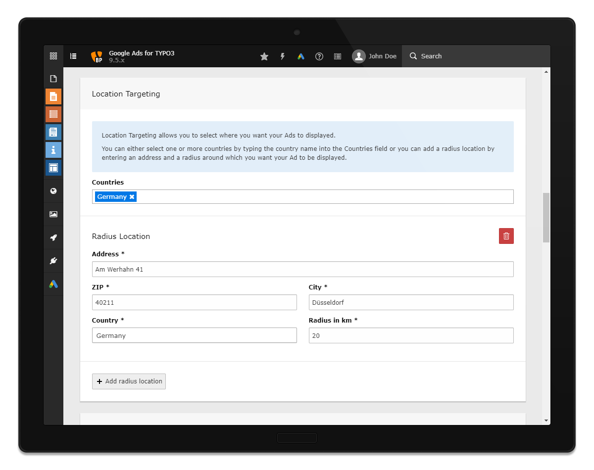 Create new ad form - location targeting for countries and/or radii around locations.