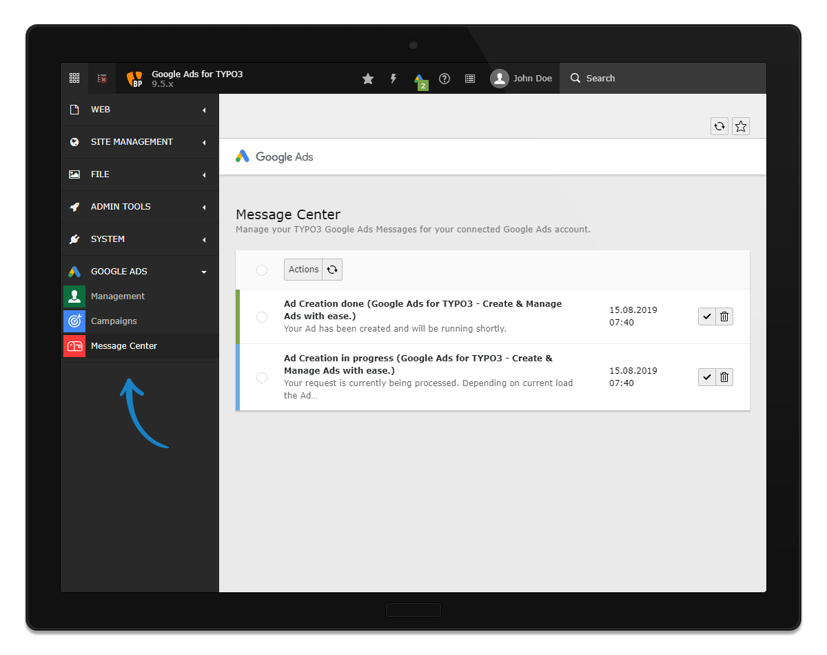Message Center - overview of all messages.