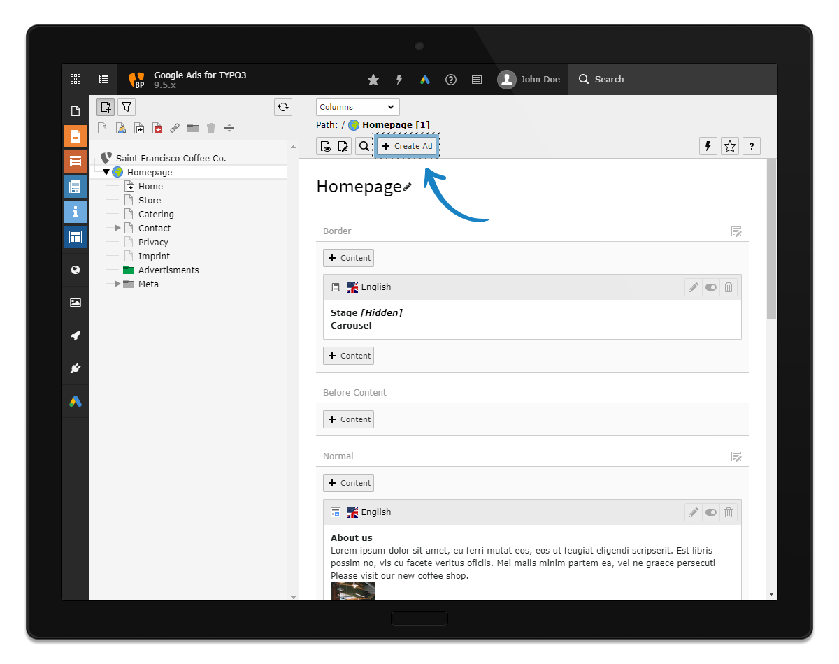 In the page module you find the button *Create ad*.