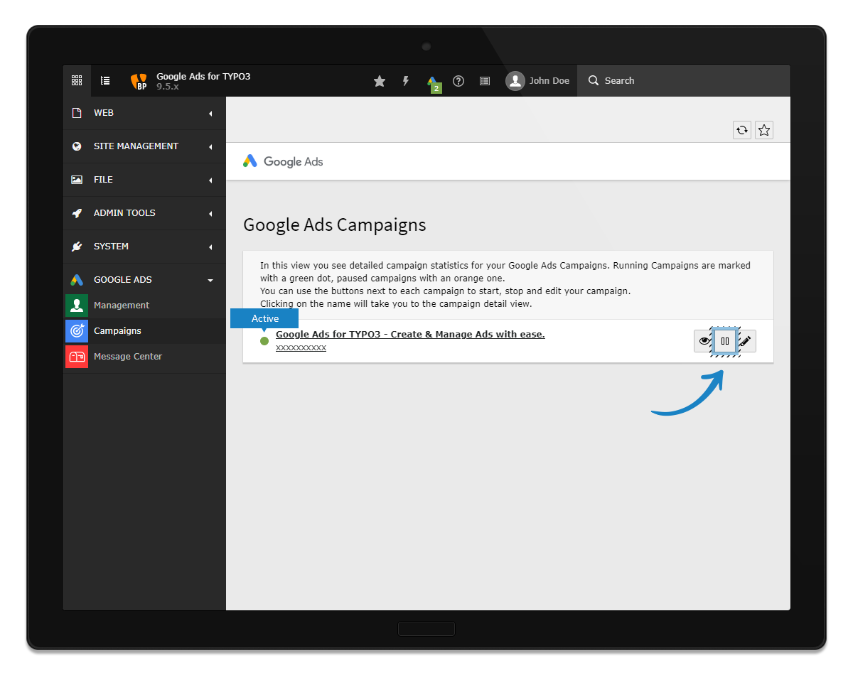 Campaigns module - pausing an ad.