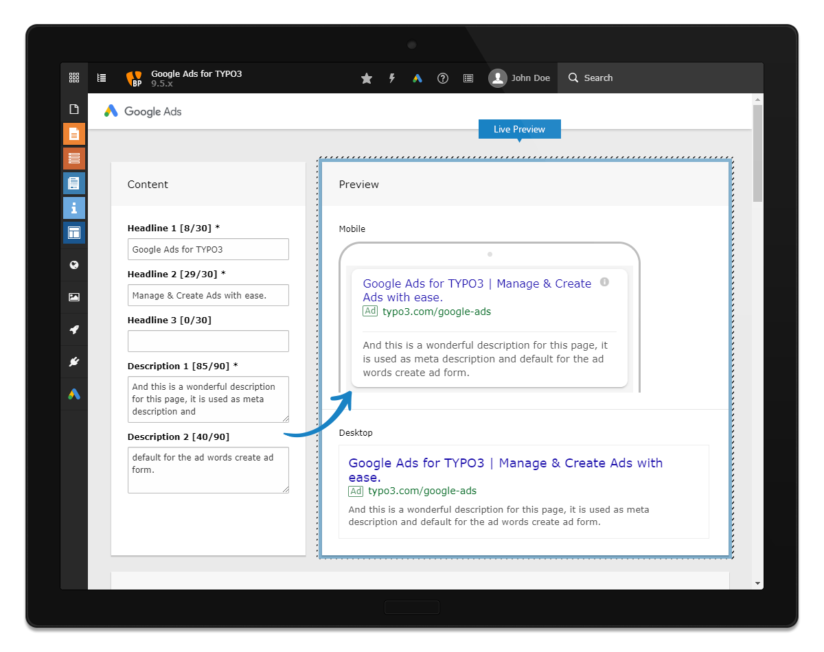 Create new ad form - headlines and descriptions, and a preview for mobile and desktop devices.