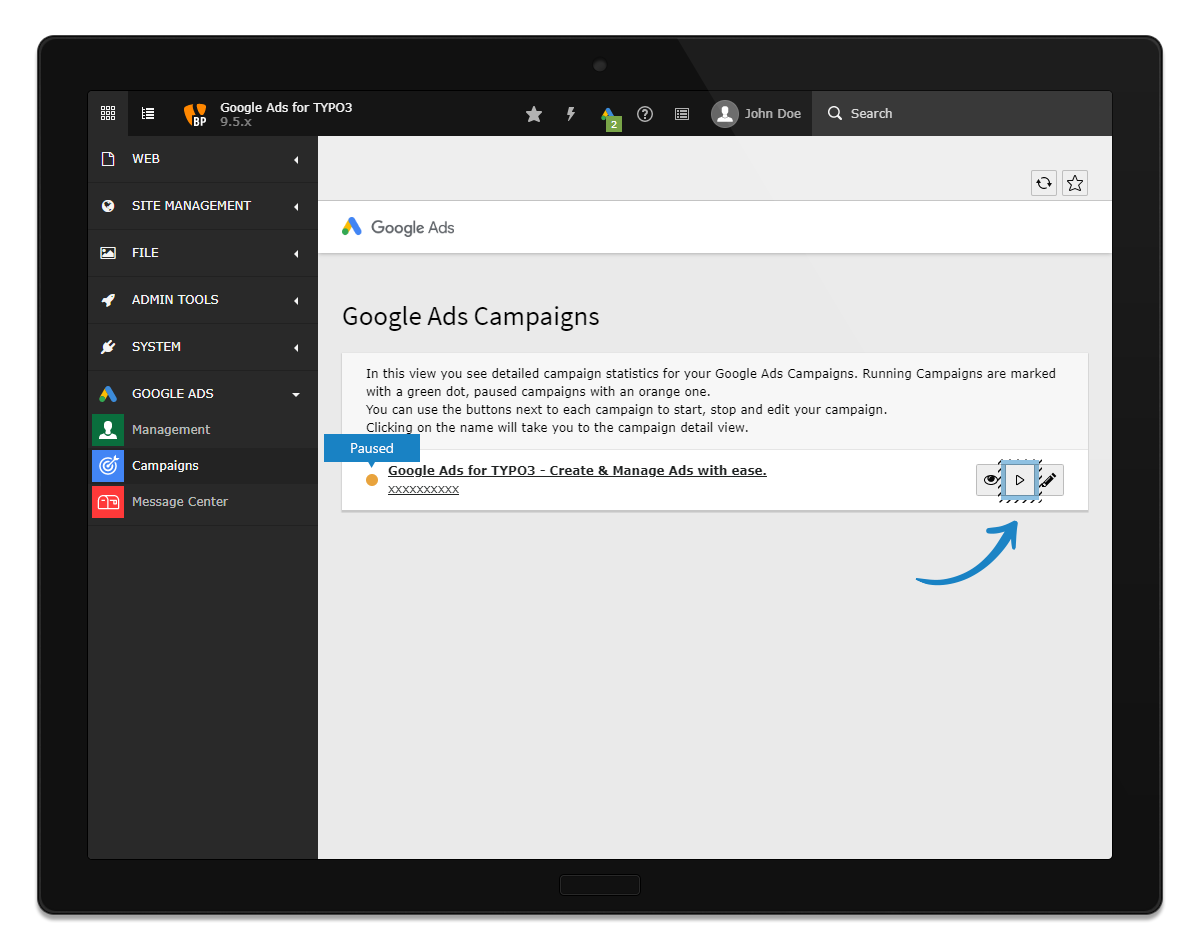 Campaigns module - resuming an ad.