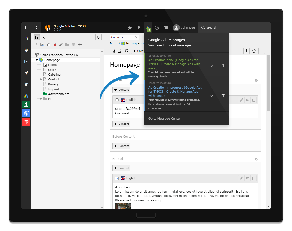 Message Center - Google icon in the top bar of the TYPO3 backend.