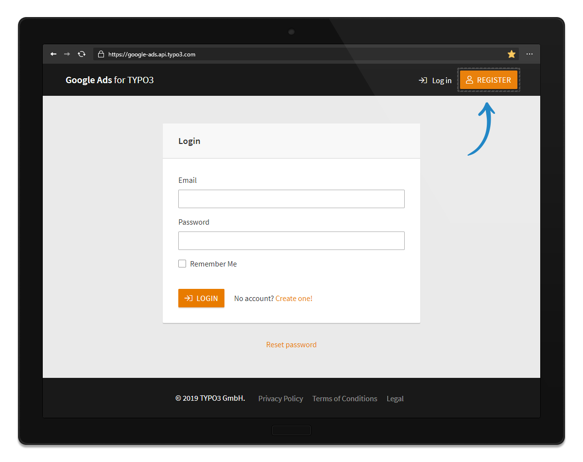 Initial log in screen on Google Ads for TYPO3