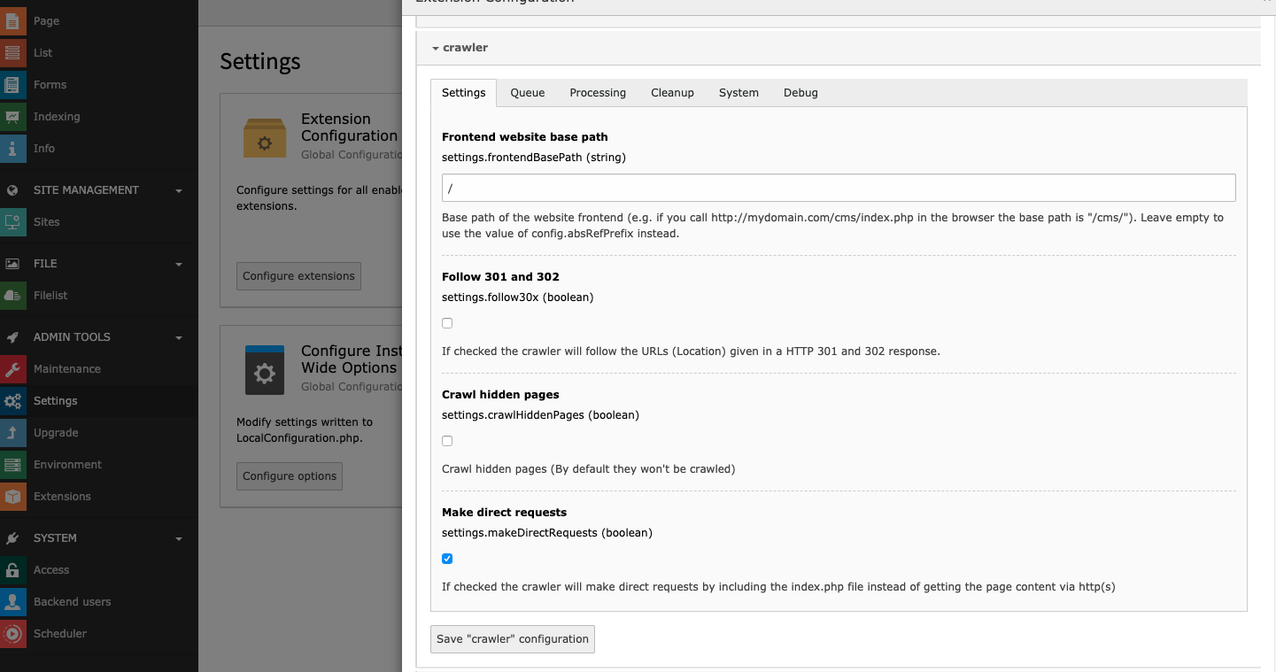 Backend configuration: Settings