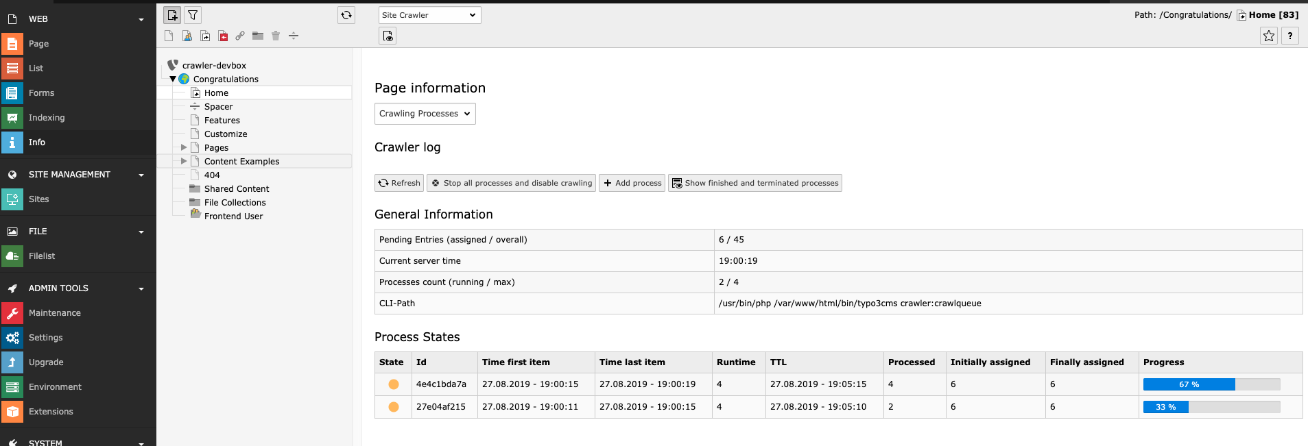 Status page in the backend