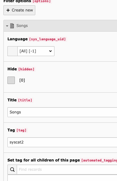 Tag configuration in filter options