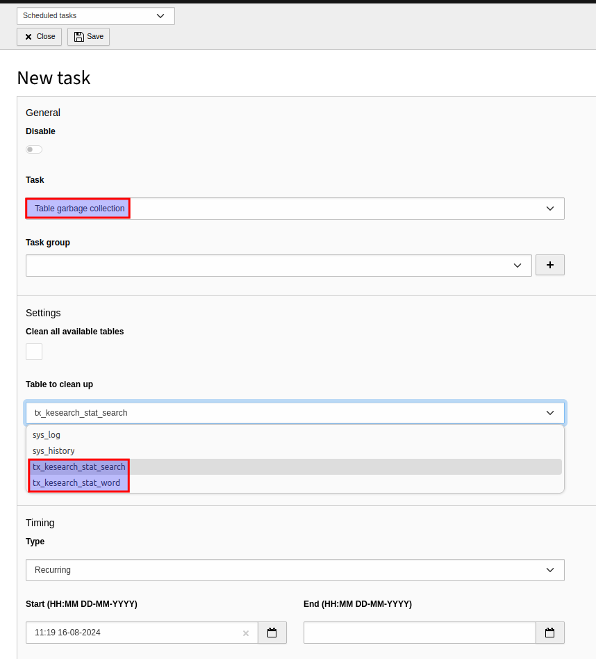 Table garbage collection scheduler task