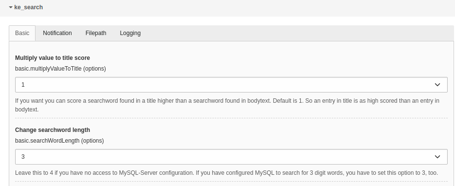 Change searchword length in the extension configuration