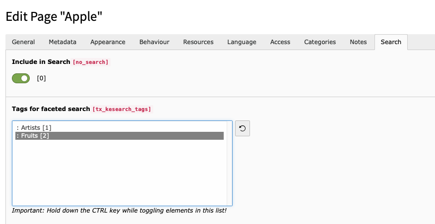 Edit tags in page properties